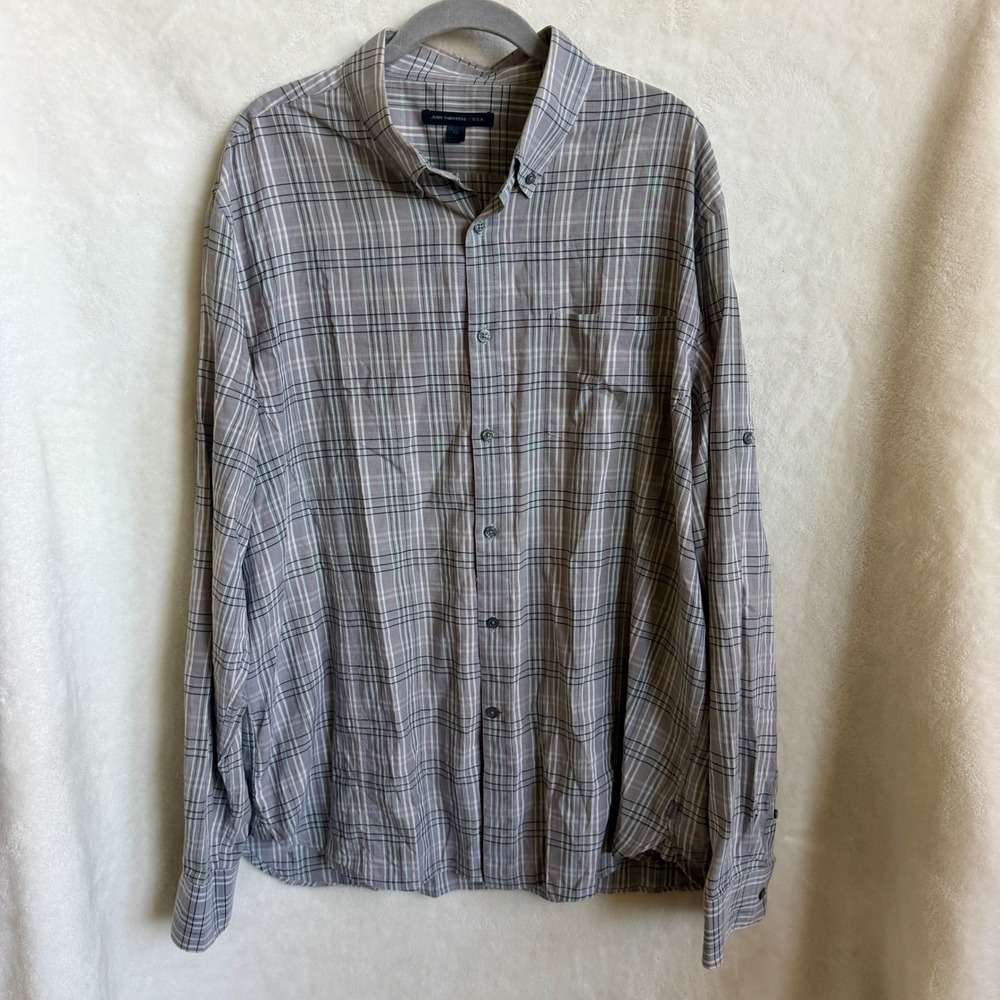 John Varvatos USA Mens Gray Plaid Cotton Button Down Shirt Roll Tab Size XL